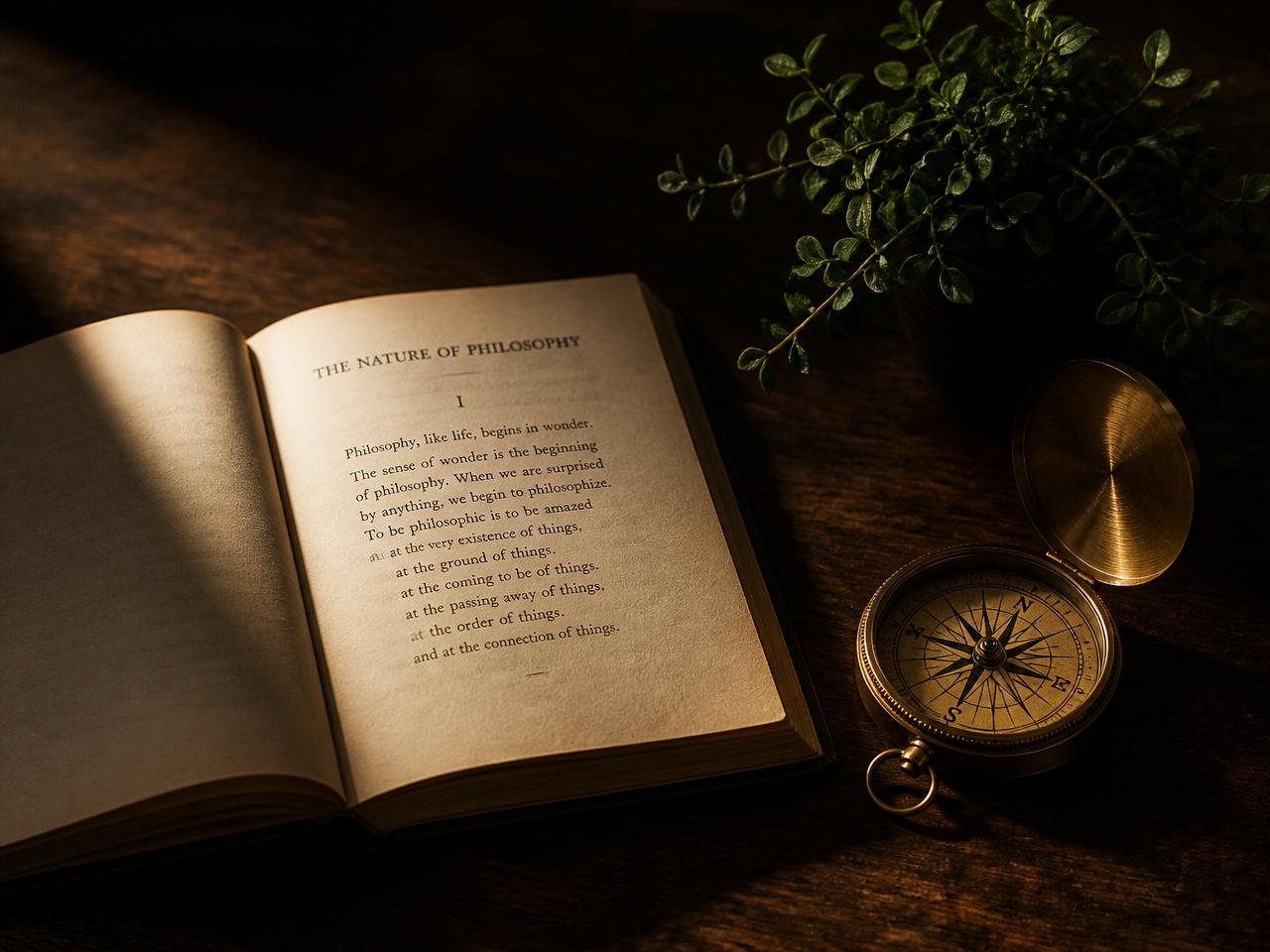 Livro de filosofia, bússola e planta sobre escrivaninha de madeira